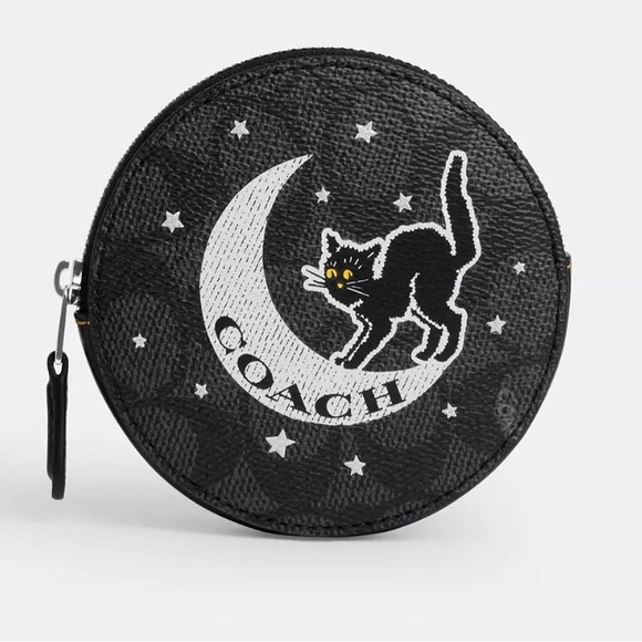 Coach Coin Case In Black Signature Canvas With Halloween Graphic Cat Moon CX348 - Picture 1 of 10